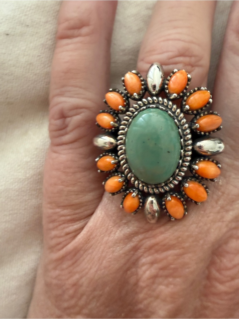 NIB Carolyn Pollach turquoise and spiny oyster 925 silver size 5 ring